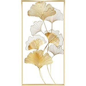 Lulu Home Metal Wall Decor, 39" X 20" Golden Ginkgo Leaf Wall Hanging Decor with Frame, Golden Metal Art Wall Sculpture for Living Room, Office, Study, Large