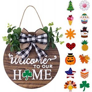 Welcome Home Wood Sign Decor, Interchangeable Seasonal Welcome Sign Indoor, Spring Wreath Outdoor, Round Bowknot Wall Hanging for Front Door Decorations, Farmhouse, Porch, Window - Brown