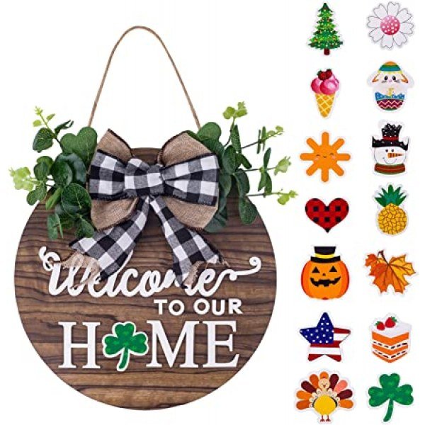 Welcome Home Wood Sign Decor, Interchangeable Seasonal Welcome Sign Indoor, Spring Wreath Outdoor, Round Bowknot Wall Hanging for Front Door Decorations, Farmhouse, Porch, Window - Brown