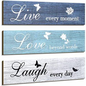 3 Pieces Rustic Wood Sign Wall Decor Live Love and Laugh Quote Sign Farmhouse Wall Mount Decoration for Home Office Wedding Kitchen and Living Room, 12 x 3 x 0.2 Inch (Blue Series)