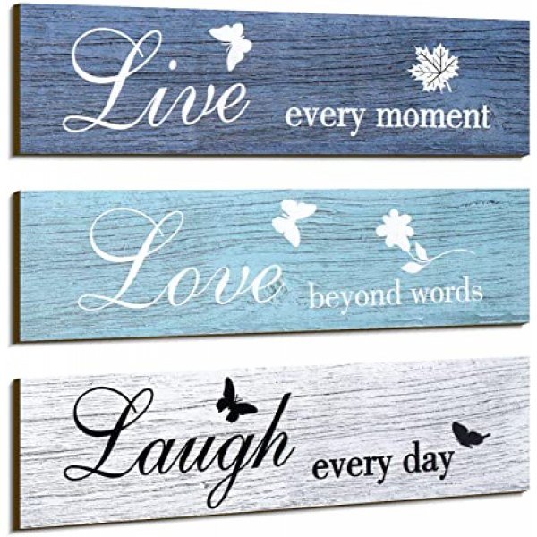 3 Pieces Rustic Wood Sign Wall Decor Live Love and Laugh Quote Sign Farmhouse Wall Mount Decoration for Home Office Wedding Kitchen and Living Room, 12 x 3 x 0.2 Inch (Blue Series)
