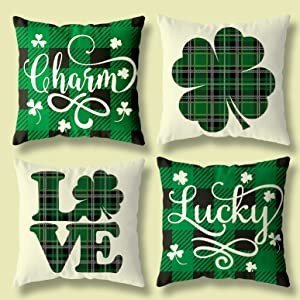 St Patricks Day Pillow Covers Decorations, 18x18 Set of 4 Throw Pillows Cover Lucky Green Shamrock Home Decor Ornaments for Irish Saint Patrick's Day