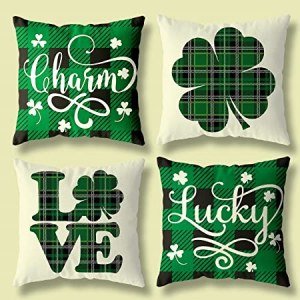 St Patricks Day Pillow Covers Decorations, 18x18 Set of 4 Throw Pillows Cover Lucky Green Shamrock Home Decor Ornaments for Irish Saint Patrick's Day