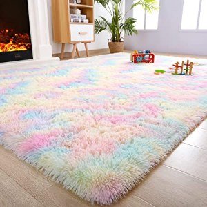 Noahas Fluffy Rainbow Rug for Girls Bedroom, Shaggy Area Rugs for Kids Playroom Kawaii Fuzzy Girls Room Decor Carpets for Nursery Baby, Cute Teenage Room Decorations, 6 x 9 Feet