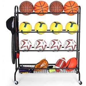 EXTCCT Basketball Rack, Rolling Basketball Shooting Training Stand,Sports Equipment Storage with Wheels, Four-Layer Organizer Holder with Two Basket for Basketballs Footballs Volleyball