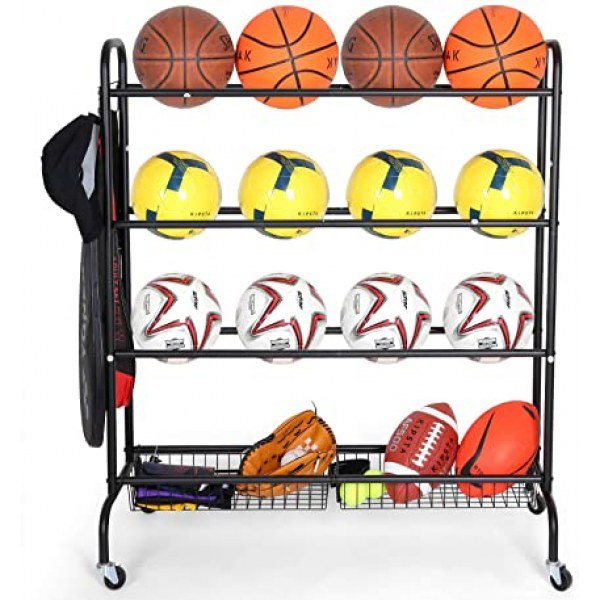 EXTCCT Basketball Rack, Rolling Basketball Shooting Training Stand,Sports Equipment Storage with Wheels, Four-Layer Organizer Holder with Two Basket for Basketballs Footballs Volleyball