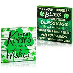 2 Pieces St. Patrick's Day Wood Decors Wood Box Signs Irish Rustic Tabletop Decor Wood Block Plaque May Your Blessings Irish Kisses Shamrock Wishes for St. Patrick Home Table Decorations, 8 x 8 Inch