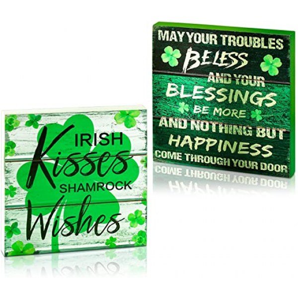 2 Pieces St. Patrick's Day Wood Decors Wood Box Signs Irish Rustic Tabletop Decor Wood Block Plaque May Your Blessings Irish Kisses Shamrock Wishes for St. Patrick Home Table Decorations, 8 x 8 Inch
