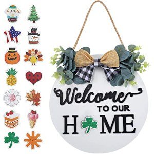 Seasonal Interchangeable Welcome Sign for Front Door Decor, Welcome to Our Home Sign with Interchangeable Holiday Pieces, Welcome Door Sign for Farmhouse Front Porch Decor and Housewarming Gift(White)