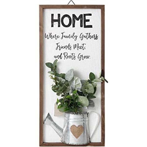 TERESA'S COLLECTIONS Large Modern Farmhouse Wood Sign for Home Decor 21 x 10 inch, Vertical Rustic Gather Signs with Artificial Eucalyptus for Living Room, Wall Art Decorations