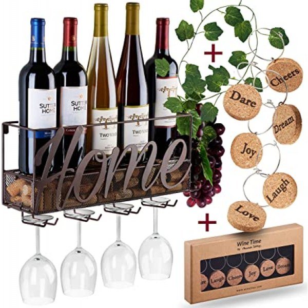 Wall Mounted Wine Rack - Bottle & Glass Holder - Cork Storage Store Red, White, Champagne - Come with 6 Cork Wine Charms - Home & Kitchen D?cor - Storage Rack - Designed by Anna Stay,Home