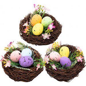 W1cwey 3pcs Artificial?Easter?Bird?s Nest Accessories Easter Craft Home Decor with Nest Colorful Spotted Eggs Flower Leaf Simulation Lifelike Ornament for Easter Indoor Outdoor Garden Yard