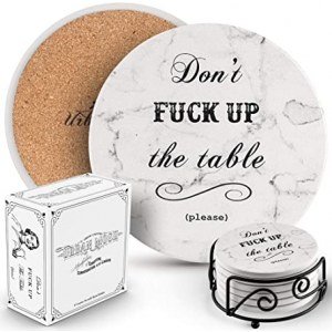 Urban Mosh Funny Coasters for Drinks - Absorbent Ceramic Drink Coaster Set of 6 with Holder, Housewarming Hostess Gifts for New Home Man Cave House Warming Presents Decor Living Room Decorations Ideas