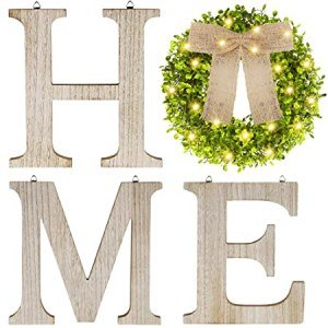 SAND MINE Wooden Home Signs, Farmhouse Home Decor Wall, Rustic Home Letters Decor with Lighted Artificial Eucalyptus Wreath, Wall Decorative Hanging Sign for Bedroom Living Room Enterway, Wood
