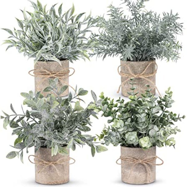 WUKOKU 4 pcs Small Fake Plants Mini Artificial Potted Plants for Farmhouse Office Bathroom Home Decor Indoor